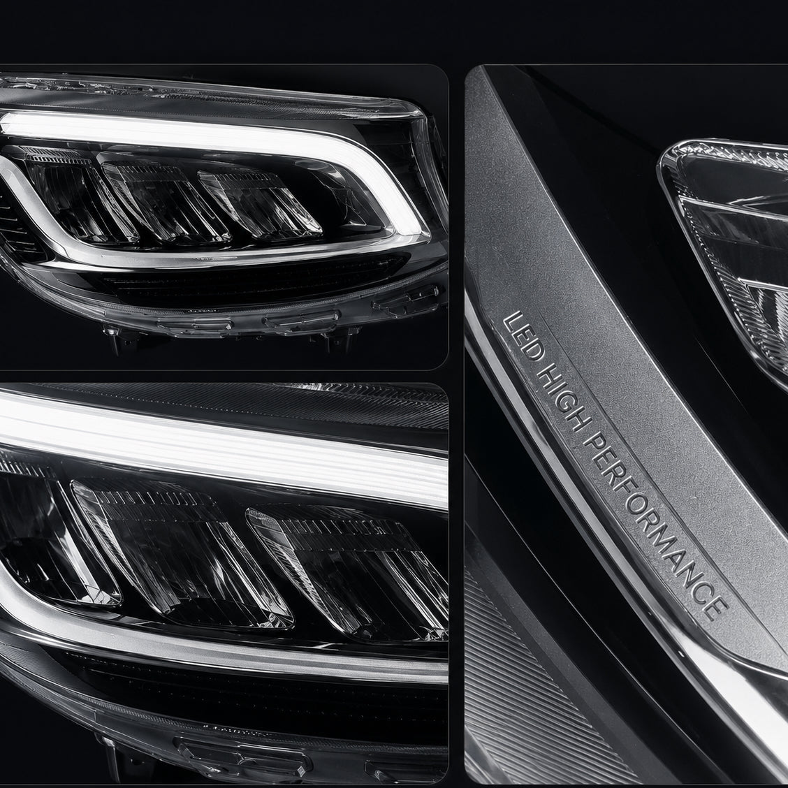 Close-up of a car headlight assembly showing the illuminated LED light bar and chrome trim, with an inset detail of the headlight grille and a badge reading 'LED HIGH PERFORMANCE' on a dark background.